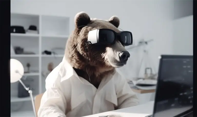 Bär mit VR-Brille am Schreibtisch